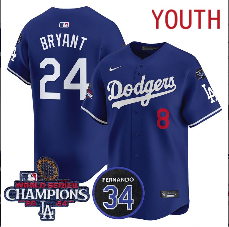 Youth MLB Los Angeles Dodgers 24 Bryant blue 2024 World Series Champions Patch Limited Jersey